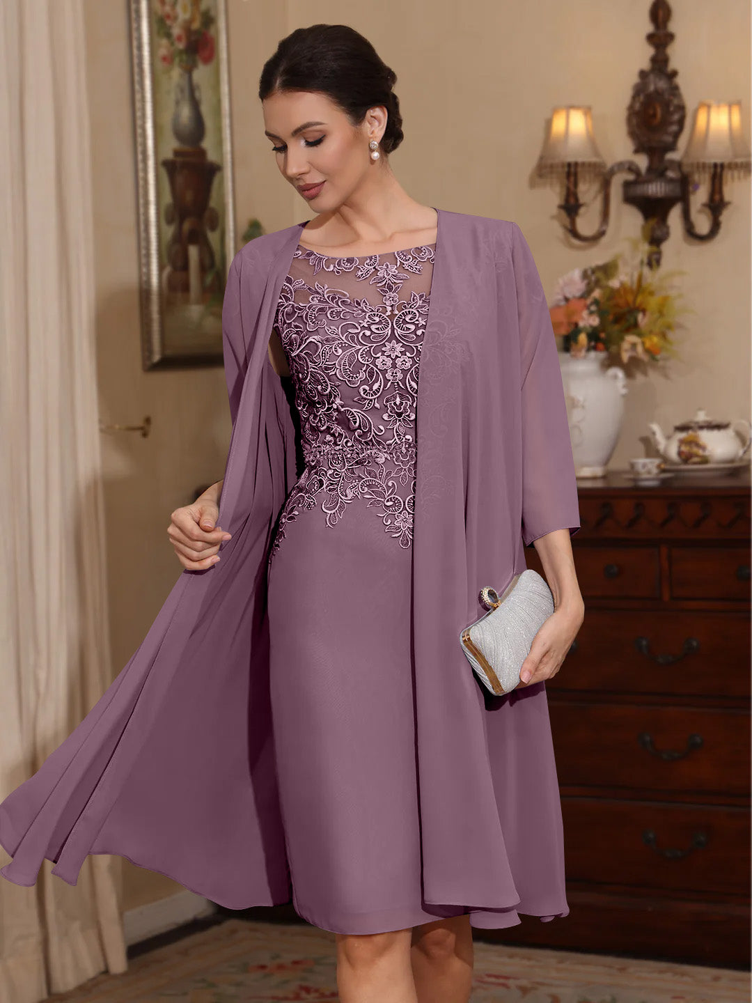 2 Pieces Sheath/Column Scoop Chiffon Mother of the Bride Dresses with Jacket Lace Knee-Length 3/4 Sleeves