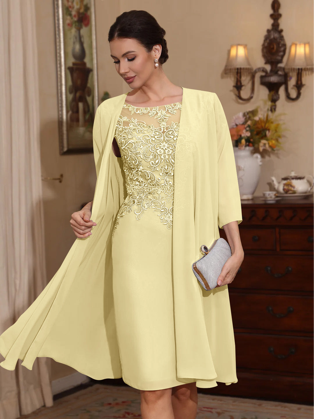 2 Pieces Sheath/Column Scoop Chiffon Mother of the Bride Dresses with Jacket Lace Knee-Length 3/4 Sleeves