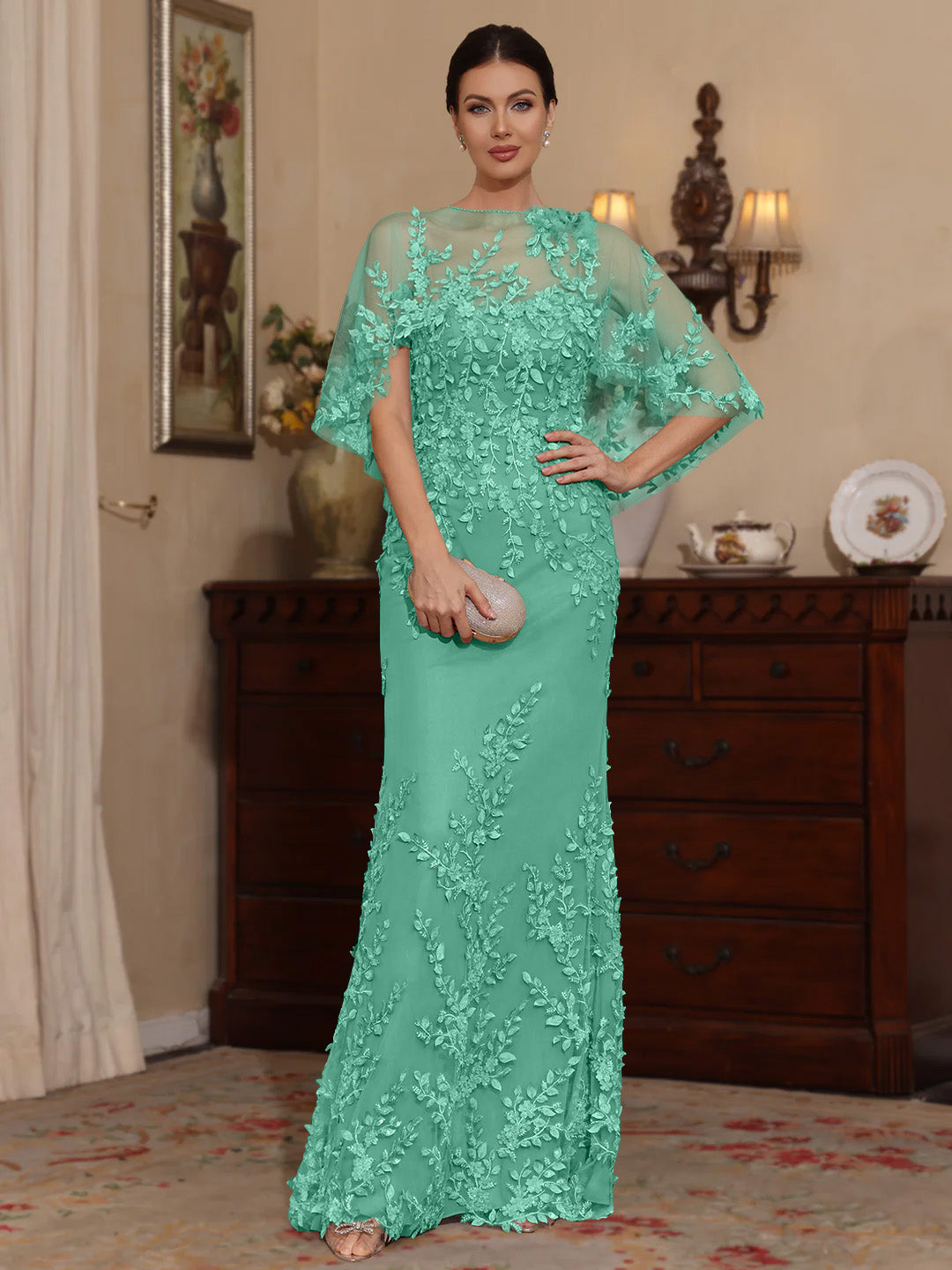 2 Pieces Sheath/Column Scoop Lace Mother of the Bride Dresses with Wrap Beading Half Sleeves Floor-Length
