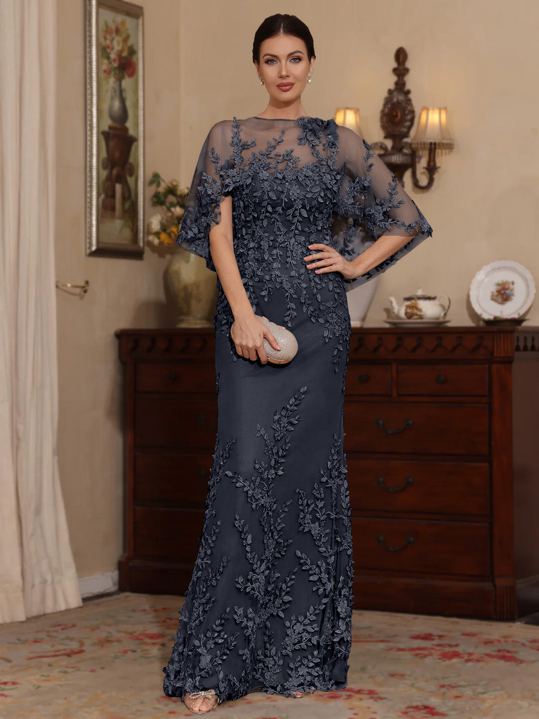 2 Pieces Sheath/Column Scoop Lace Mother of the Bride Dresses with Wrap Beading Half Sleeves Floor-Length