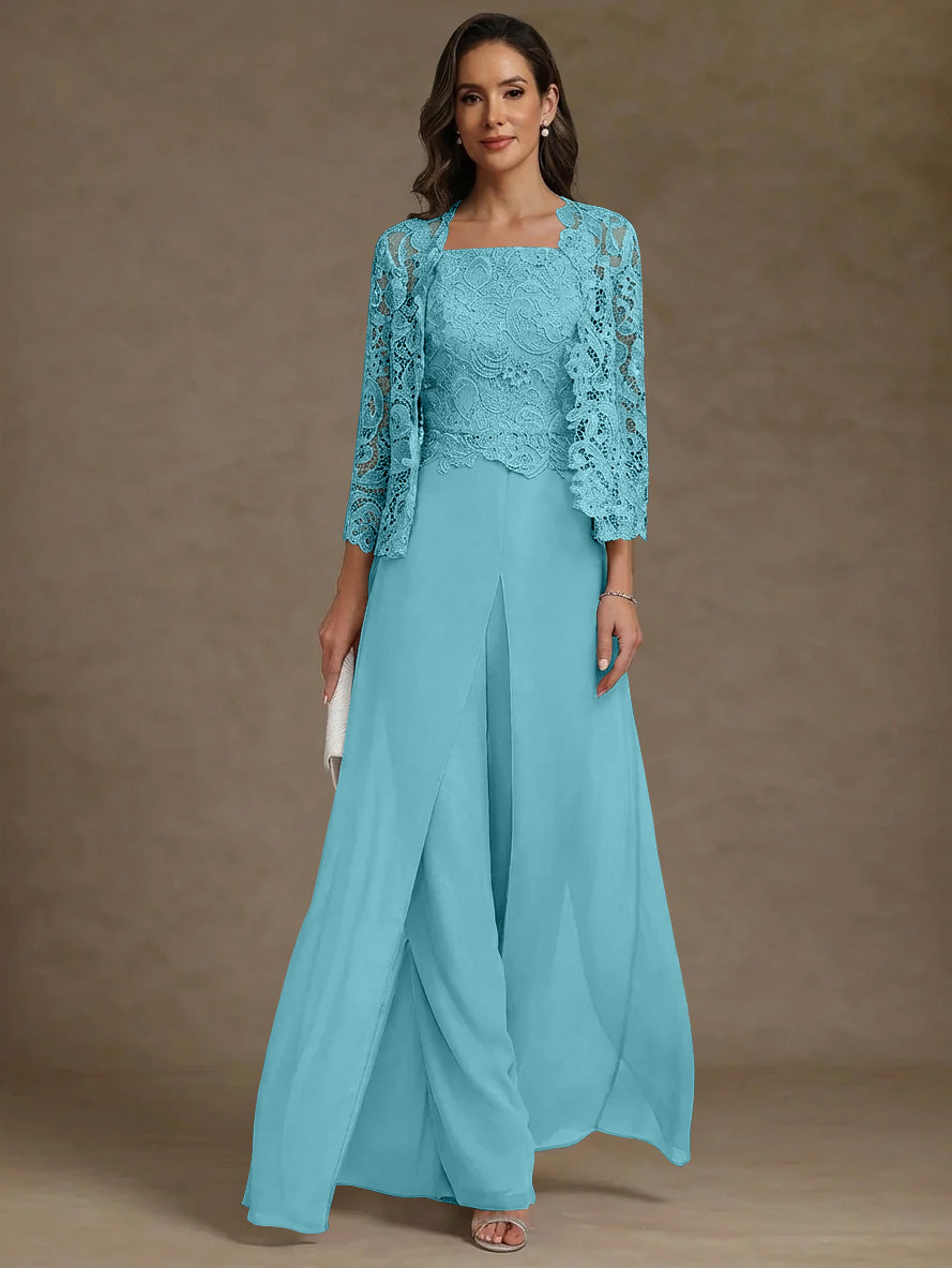 3 Pieces Square Collar Chiffon Mother of the Bride Pantsuits with Jacket Lace Ankle-Length with Overskirt Long Sleeves