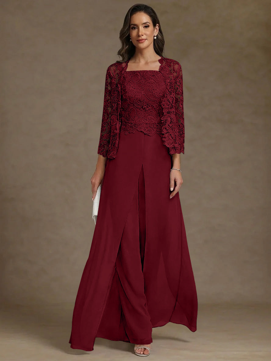 3 Pieces Square Collar Chiffon Mother of the Bride Pantsuits with Jacket Lace Ankle-Length with Overskirt Long Sleeves