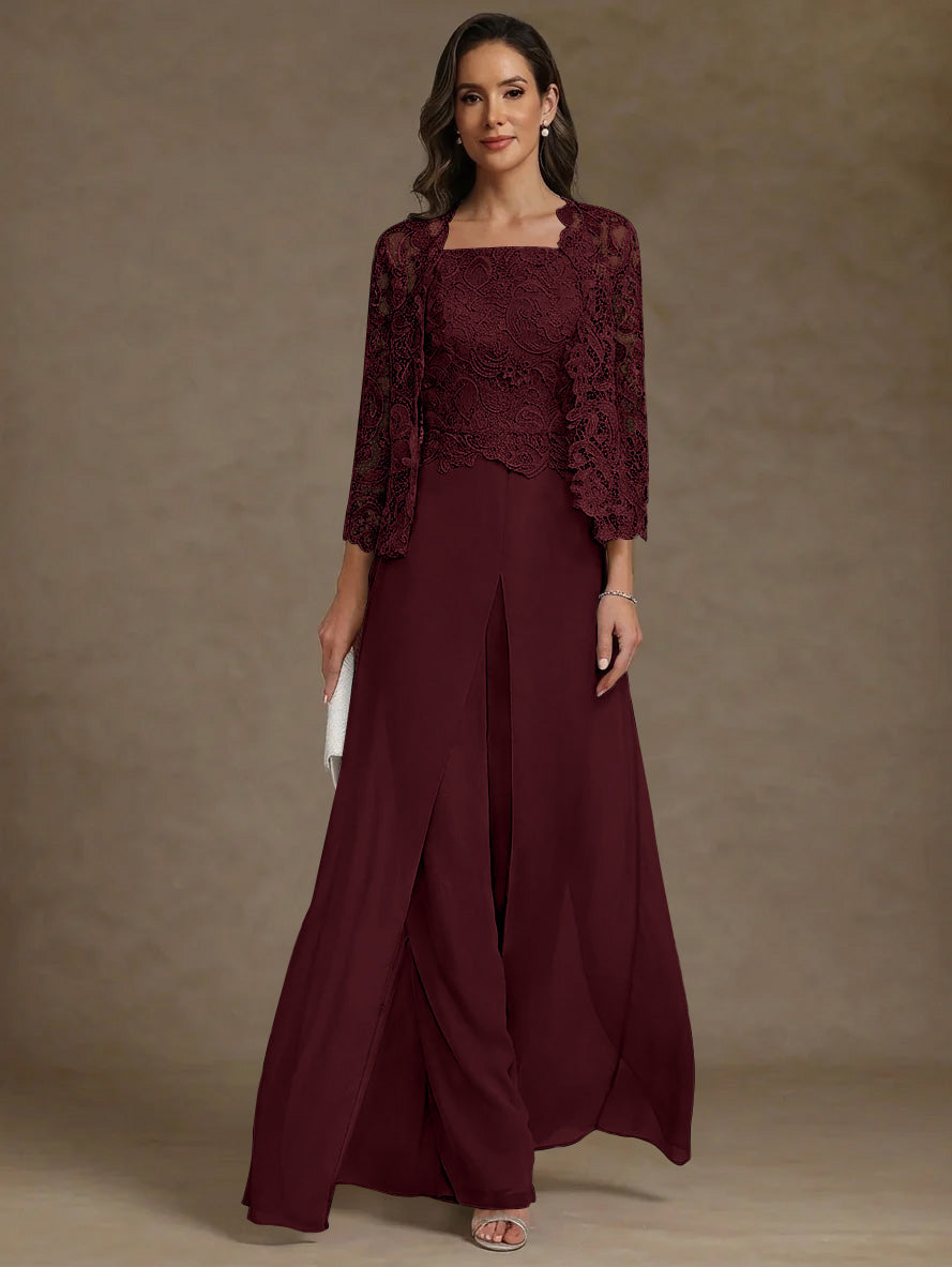 3 Pieces Square Collar Chiffon Mother of the Bride Pantsuits with Jacket Lace Ankle-Length with Overskirt Long Sleeves