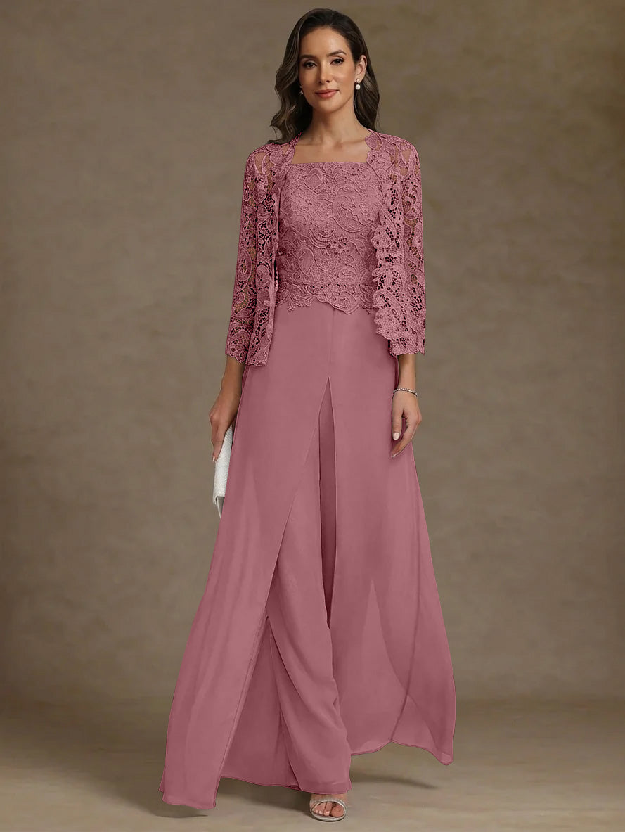 3 Pieces Square Collar Chiffon Mother of the Bride Pantsuits with Jacket Lace Ankle-Length with Overskirt Long Sleeves