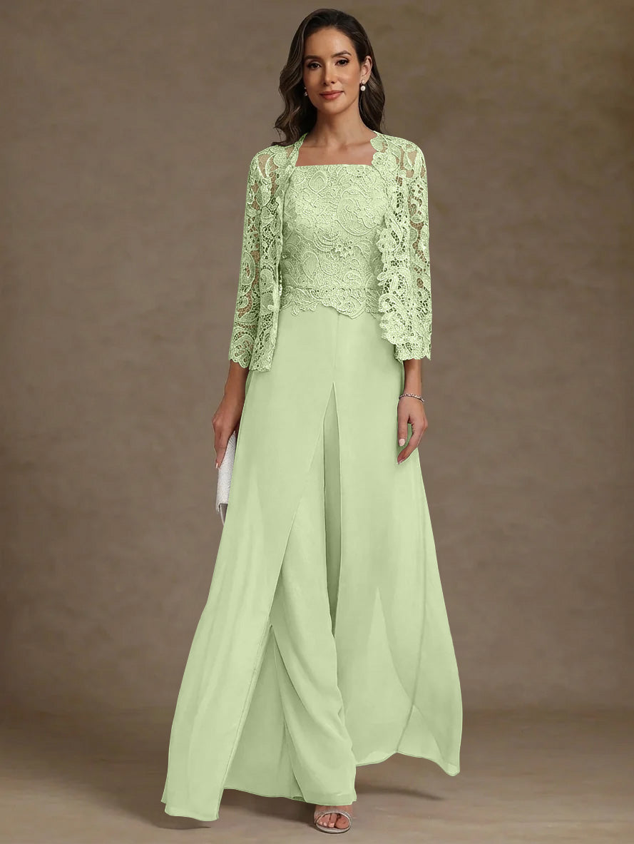 3 Pieces Square Collar Chiffon Mother of the Bride Pantsuits with Jacket Lace Ankle-Length with Overskirt Long Sleeves