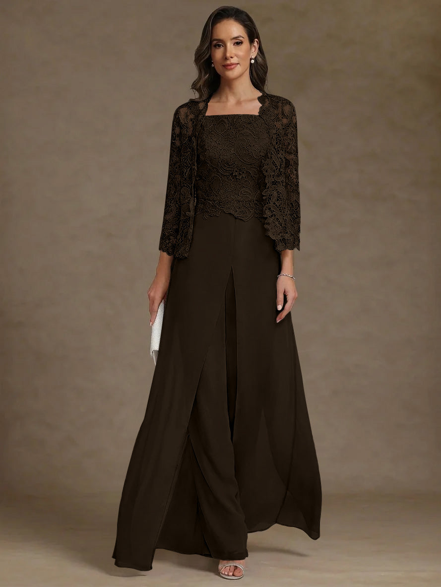 3 Pieces Square Collar Chiffon Mother of the Bride Pantsuits with Jacket Lace Ankle-Length with Overskirt Long Sleeves