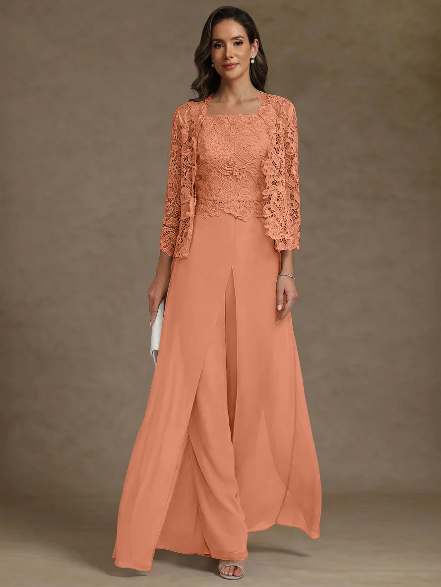 3 Pieces Square Collar Chiffon Mother of the Bride Pantsuits with Jacket Lace Ankle-Length with Overskirt Long Sleeves