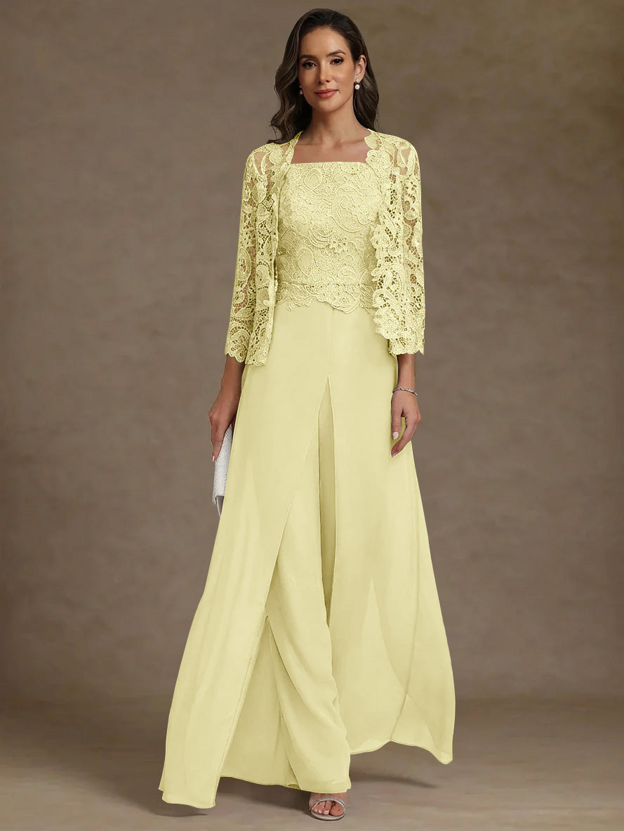 3 Pieces Square Collar Chiffon Mother of the Bride Pantsuits with Jacket Lace Ankle-Length with Overskirt Long Sleeves