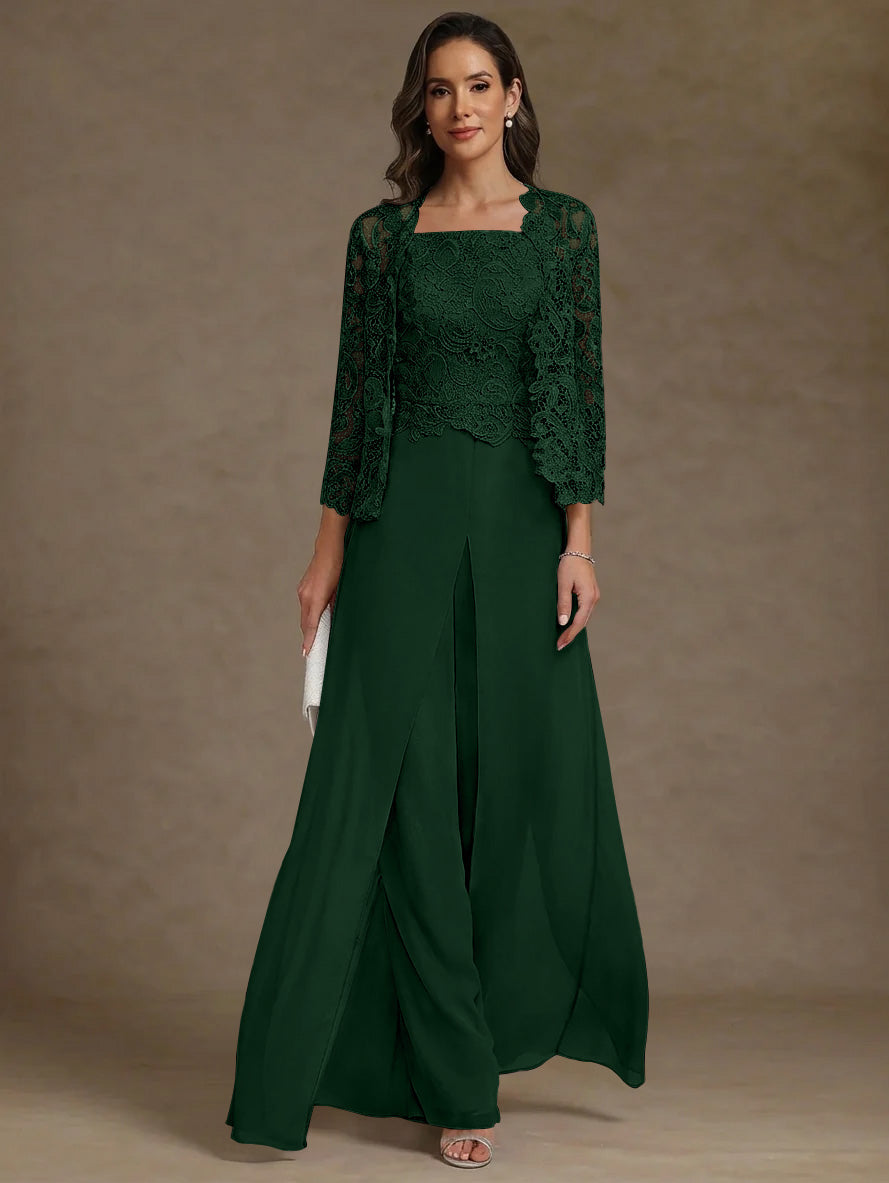 3 Pieces Square Collar Chiffon Mother of the Bride Pantsuits with Jacket Lace Ankle-Length with Overskirt Long Sleeves
