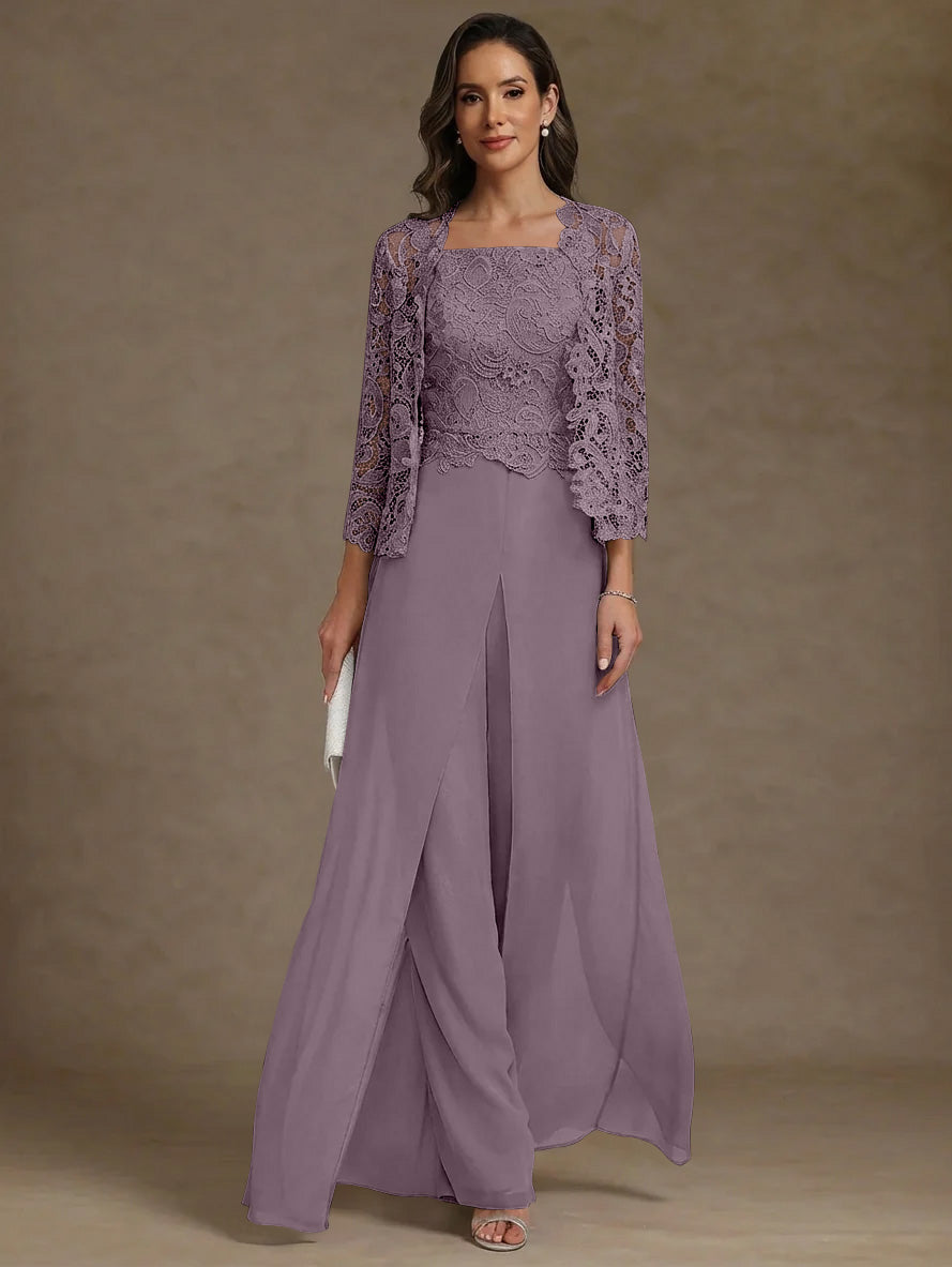 3 Pieces Square Collar Chiffon Mother of the Bride Pantsuits with Jacket Lace Ankle-Length with Overskirt Long Sleeves