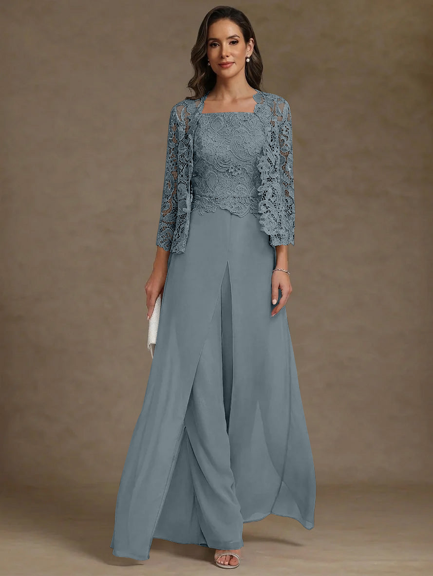 3 Pieces Square Collar Chiffon Mother of the Bride Pantsuits with Jacket Lace Ankle-Length with Overskirt Long Sleeves