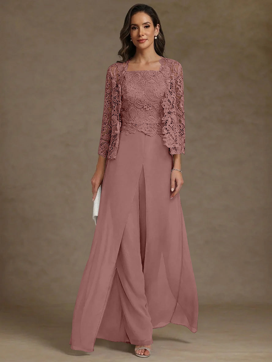 3 Pieces Square Collar Chiffon Mother of the Bride Pantsuits with Jacket Lace Ankle-Length with Overskirt Long Sleeves