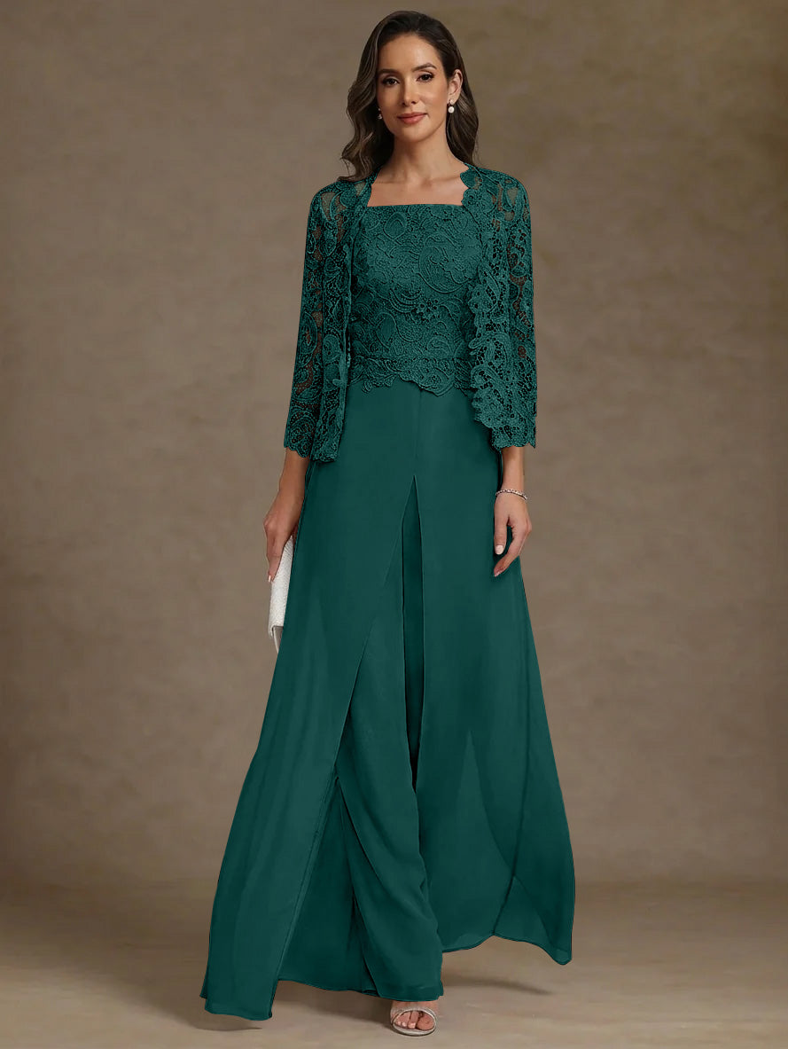 3 Pieces Square Collar Chiffon Mother of the Bride Pantsuits with Jacket Lace Ankle-Length with Overskirt Long Sleeves
