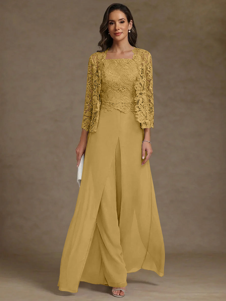 3 Pieces Square Collar Chiffon Mother of the Bride Pantsuits with Jacket Lace Ankle-Length with Overskirt Long Sleeves