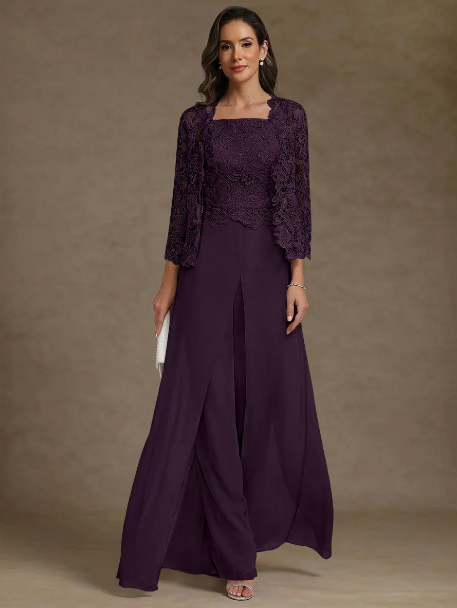 3 Pieces Square Collar Chiffon Mother of the Bride Pantsuits with Jacket Lace Ankle-Length with Overskirt Long Sleeves