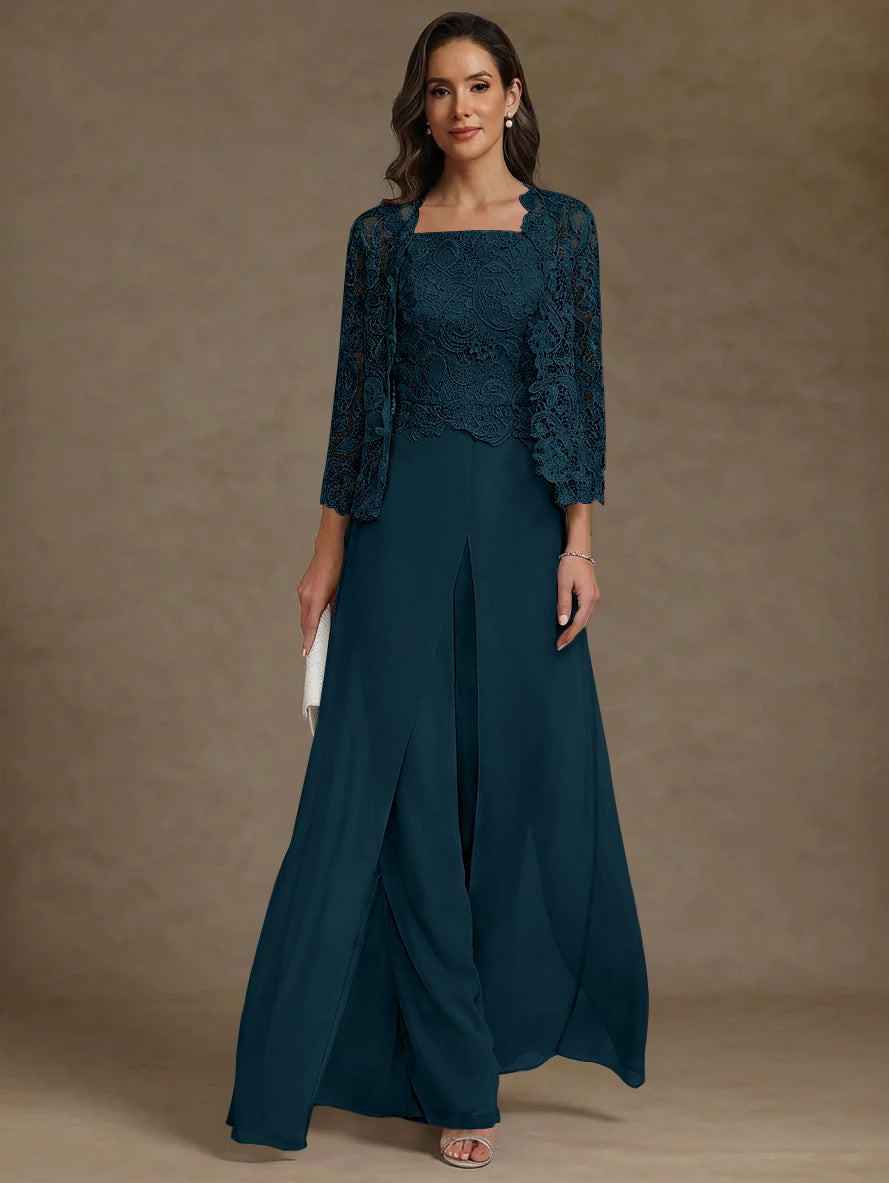 3 Pieces Square Collar Chiffon Mother of the Bride Pantsuits with Jacket Lace Ankle-Length with Overskirt Long Sleeves
