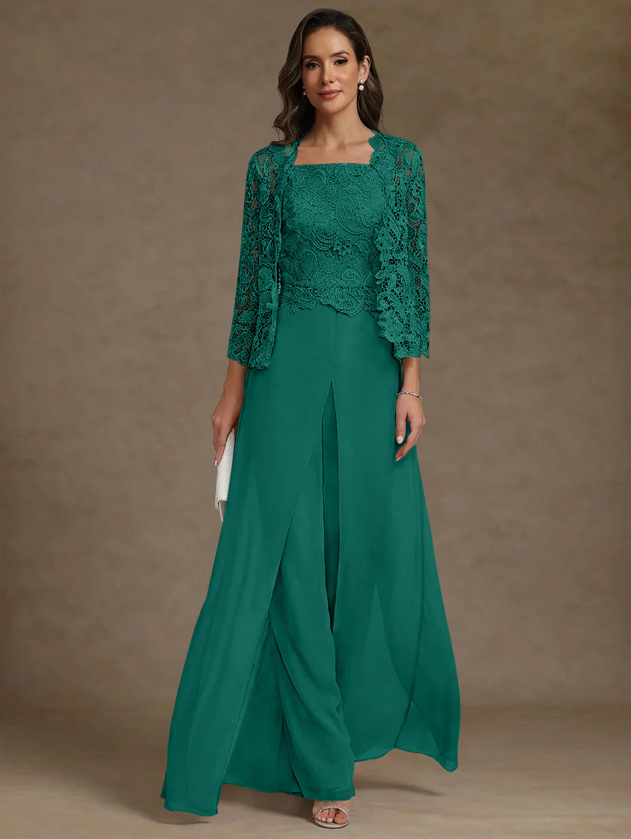 3 Pieces Square Collar Chiffon Mother of the Bride Pantsuits with Jacket Lace Ankle-Length with Overskirt Long Sleeves