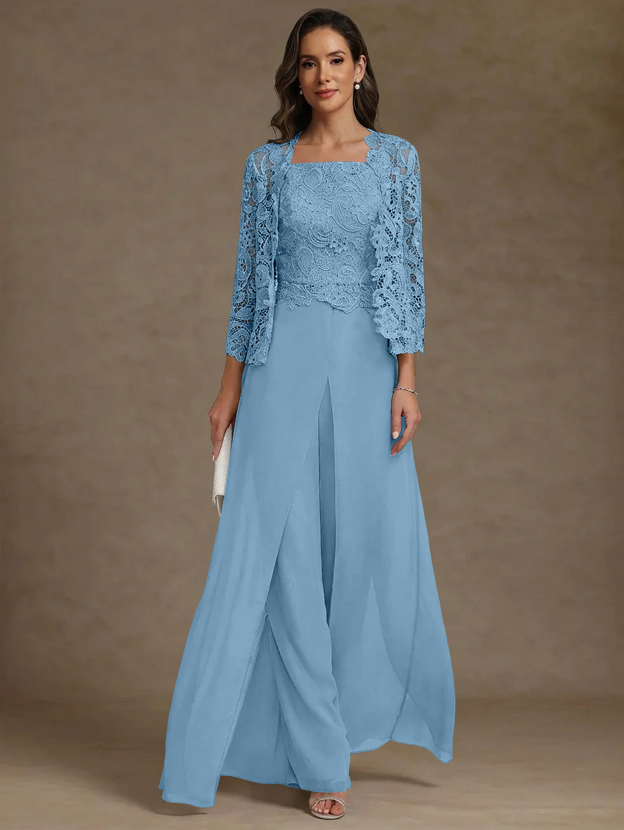 3 Pieces Square Collar Chiffon Mother of the Bride Pantsuits with Jacket Lace Ankle-Length with Overskirt Long Sleeves