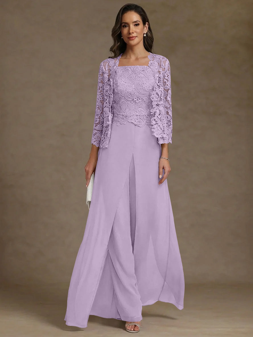3 Pieces Square Collar Chiffon Mother of the Bride Pantsuits with Jacket Lace Ankle-Length with Overskirt Long Sleeves