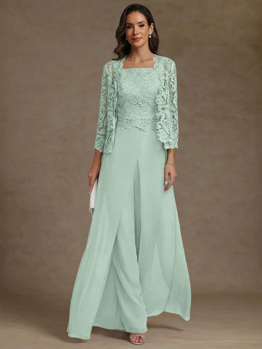3 Pieces Square Collar Chiffon Mother of the Bride Pantsuits with Jacket Lace Ankle-Length with Overskirt Long Sleeves