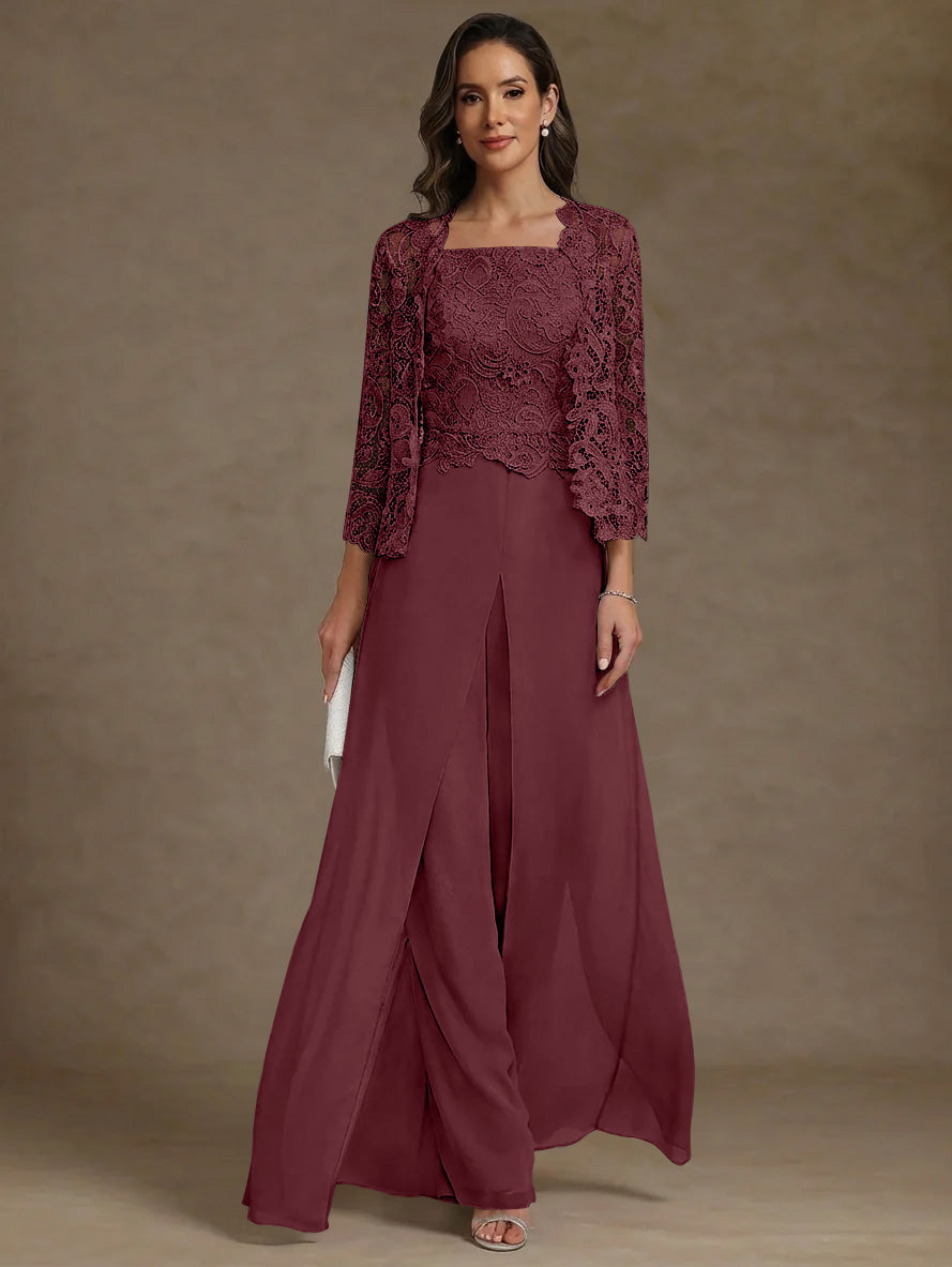 3 Pieces Square Collar Chiffon Mother of the Bride Pantsuits with Jacket Lace Ankle-Length with Overskirt Long Sleeves