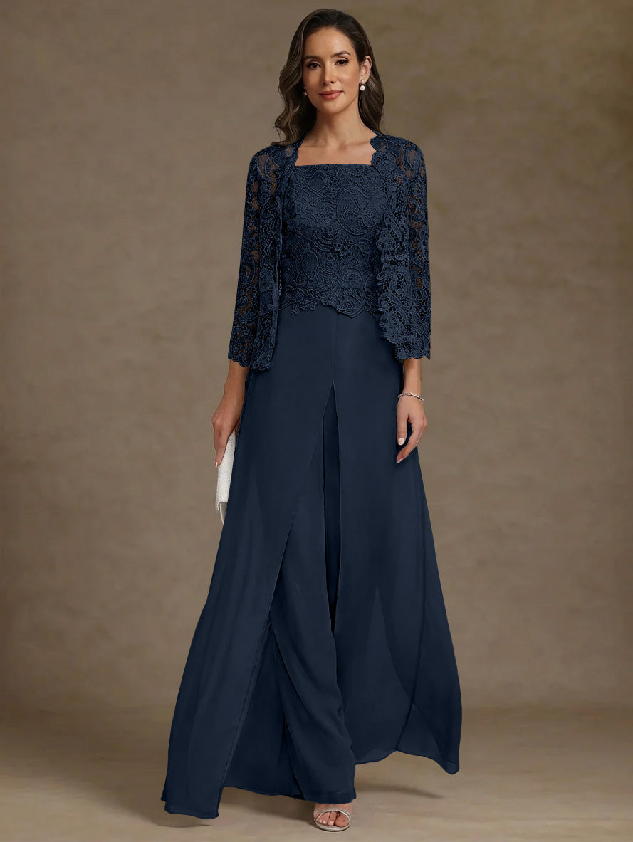 3 Pieces Square Collar Chiffon Mother of the Bride Pantsuits with Jacket Lace Ankle-Length with Overskirt Long Sleeves