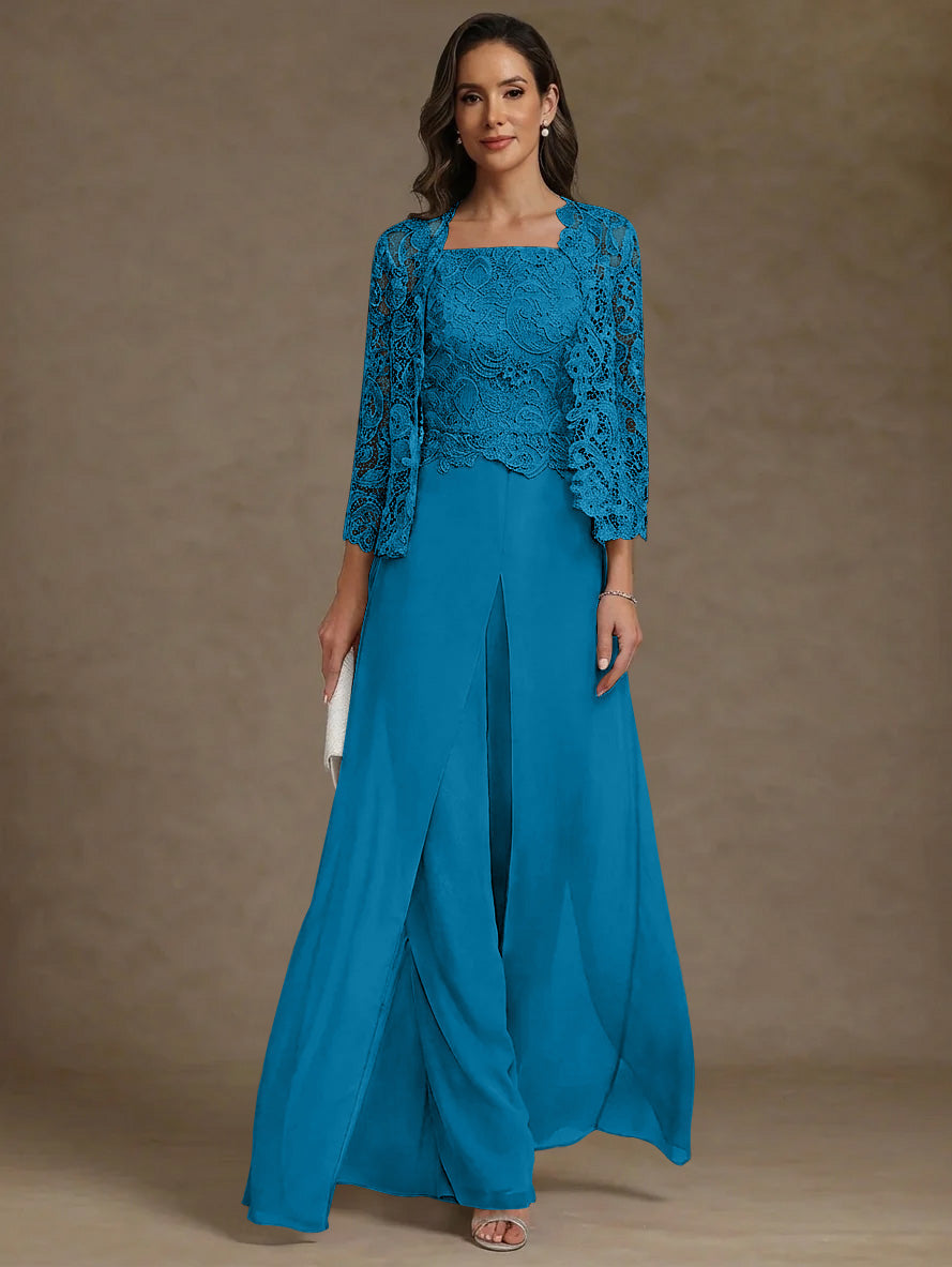3 Pieces Square Collar Chiffon Mother of the Bride Pantsuits with Jacket Lace Ankle-Length with Overskirt Long Sleeves