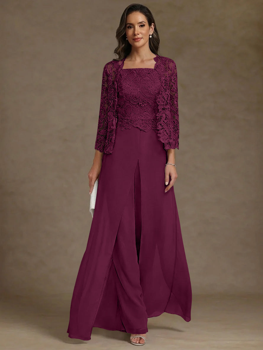 3 Pieces Square Collar Chiffon Mother of the Bride Pantsuits with Jacket Lace Ankle-Length with Overskirt Long Sleeves
