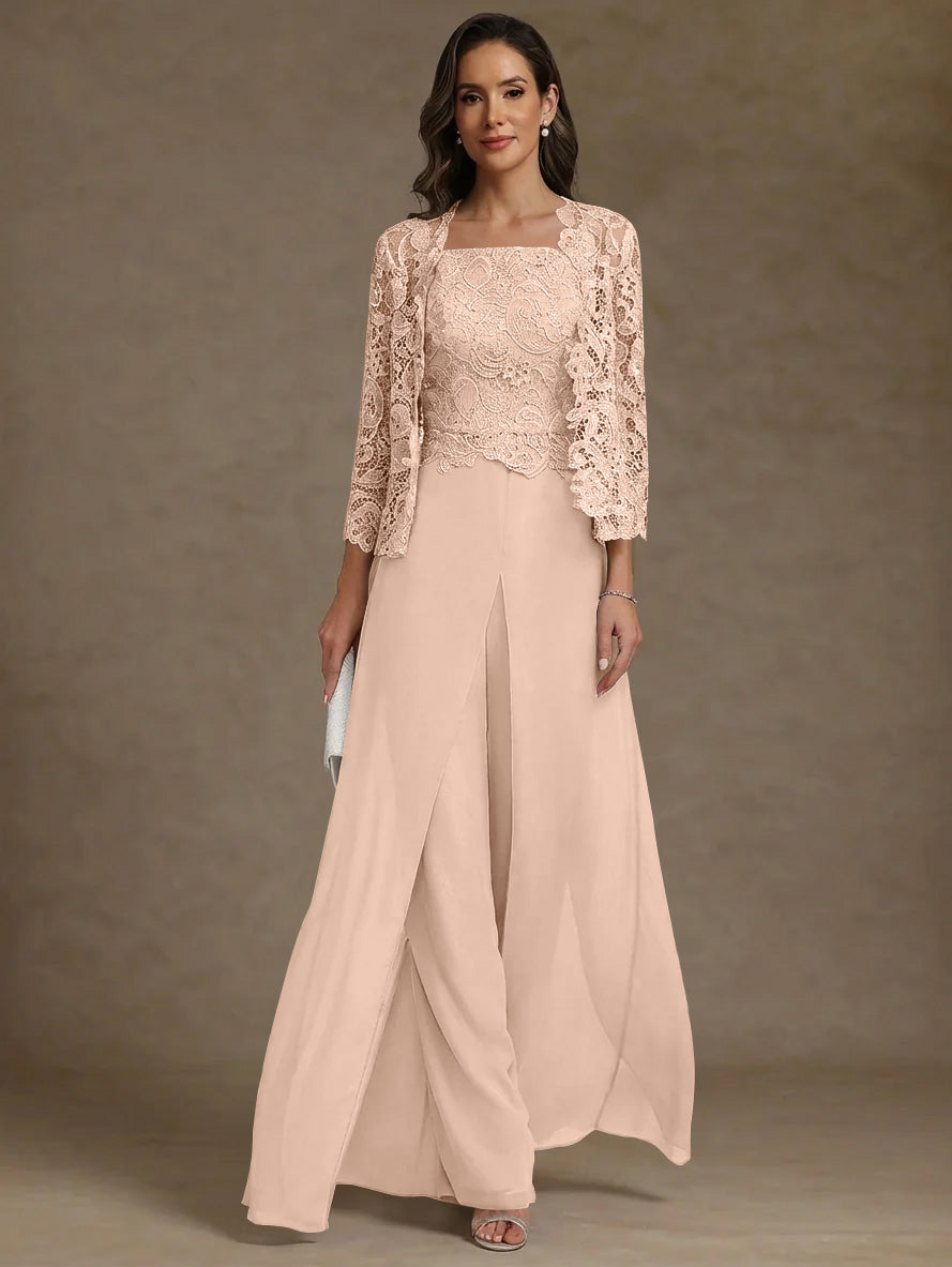 3 Pieces Square Collar Chiffon Mother of the Bride Pantsuits with Jacket Lace Ankle-Length with Overskirt Long Sleeves