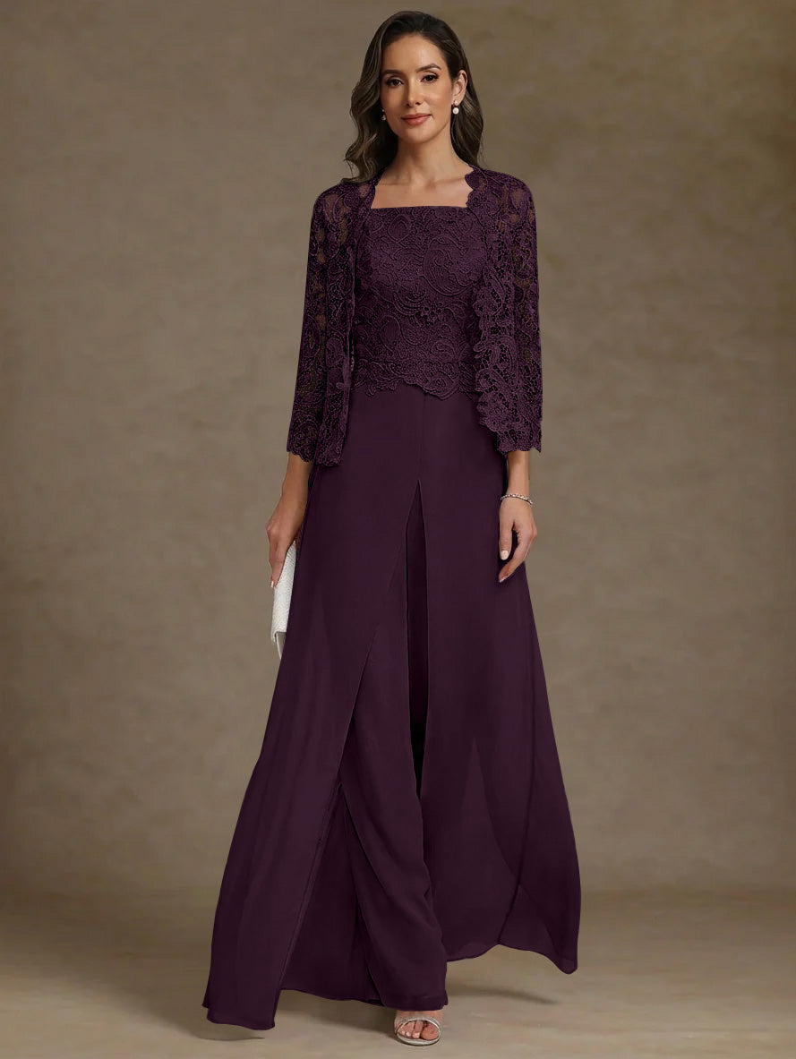3 Pieces Square Collar Chiffon Mother of the Bride Pantsuits with Jacket Lace Ankle-Length with Overskirt Long Sleeves