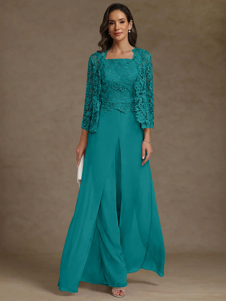 3 Pieces Square Collar Chiffon Mother of the Bride Pantsuits with Jacket Lace Ankle-Length with Overskirt Long Sleeves
