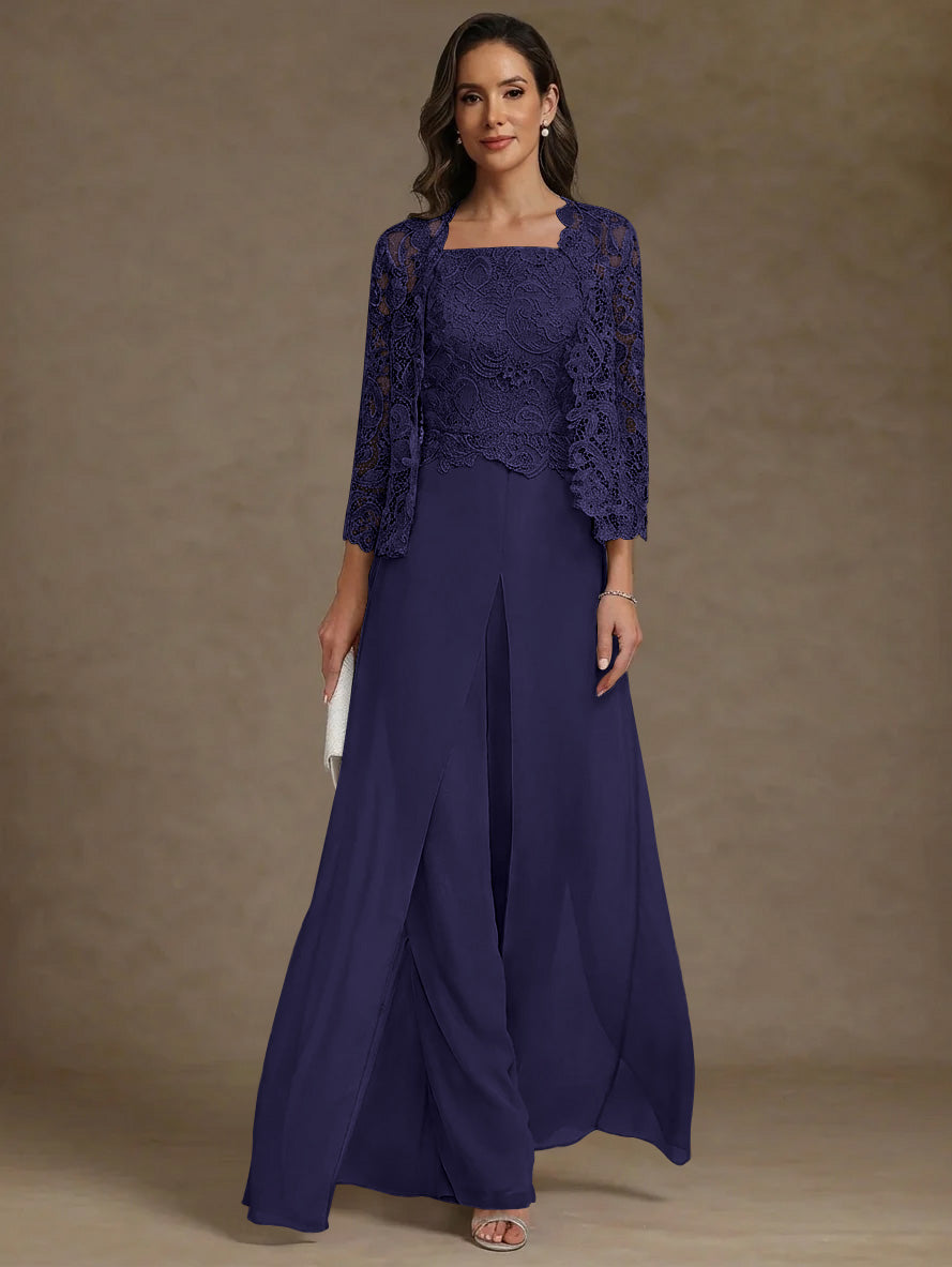 3 Pieces Square Collar Chiffon Mother of the Bride Pantsuits with Jacket Lace Ankle-Length with Overskirt Long Sleeves