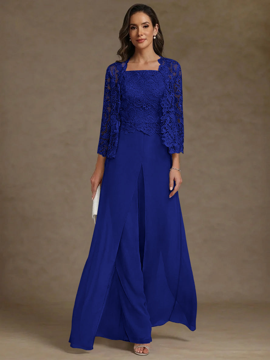 3 Pieces Square Collar Chiffon Mother of the Bride Pantsuits with Jacket Lace Ankle-Length with Overskirt Long Sleeves