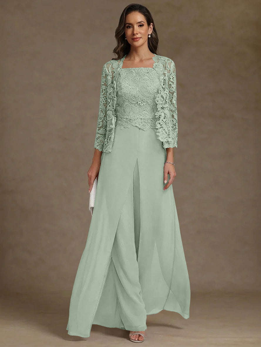 3 Pieces Square Collar Chiffon Mother of the Bride Pantsuits with Jacket Lace Ankle-Length with Overskirt Long Sleeves