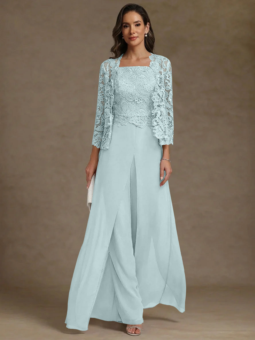3 Pieces Square Collar Chiffon Mother of the Bride Pantsuits with Jacket Lace Ankle-Length with Overskirt Long Sleeves