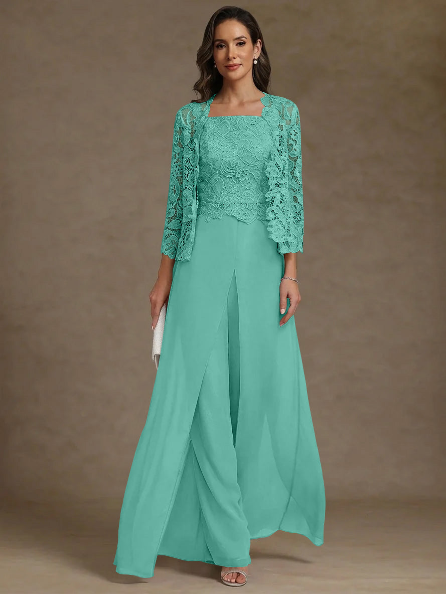 3 Pieces Square Collar Chiffon Mother of the Bride Pantsuits with Jacket Lace Ankle-Length with Overskirt Long Sleeves