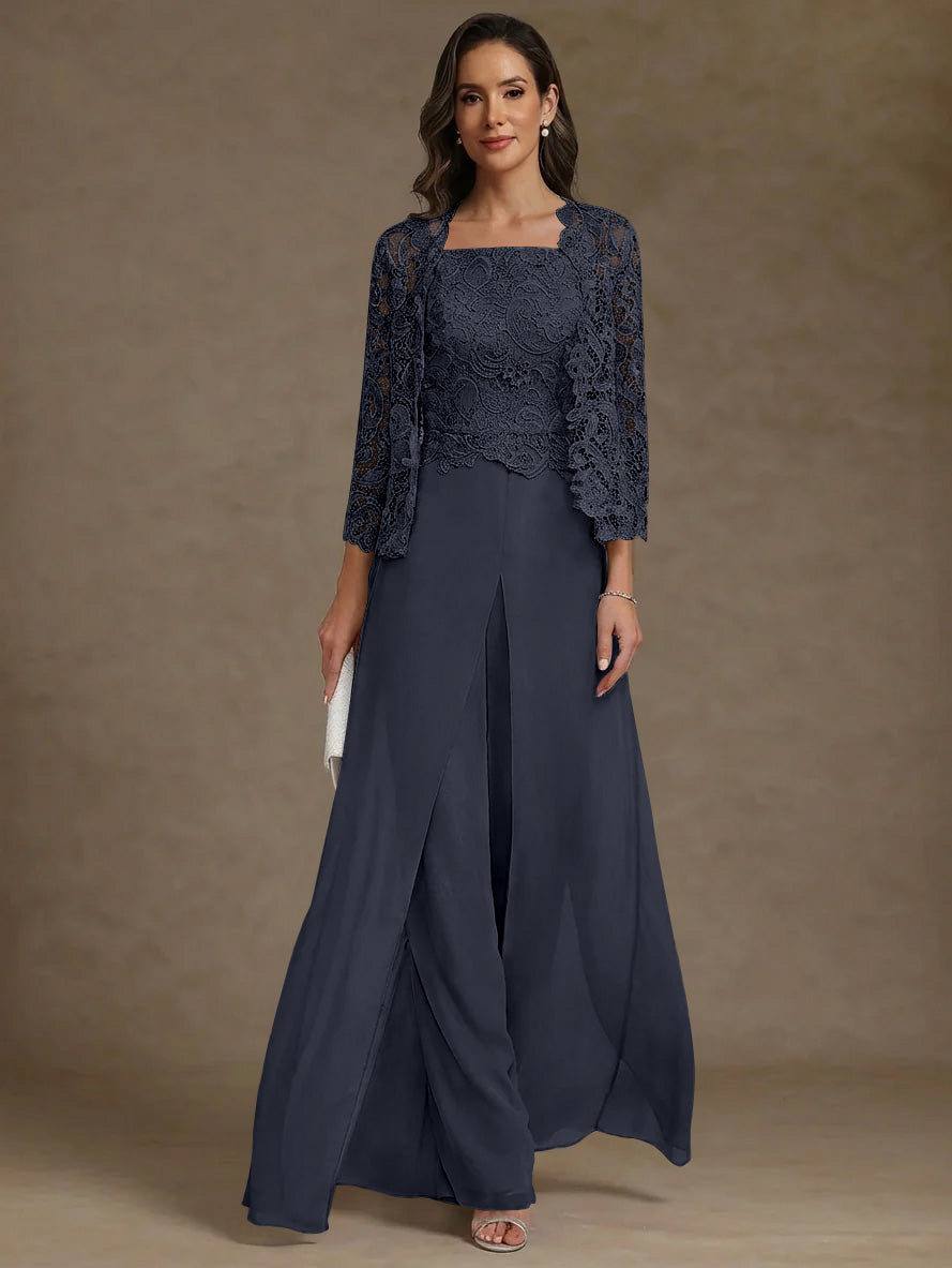 3 Pieces Square Collar Chiffon Mother of the Bride Pantsuits with Jacket Lace Ankle-Length with Overskirt Long Sleeves