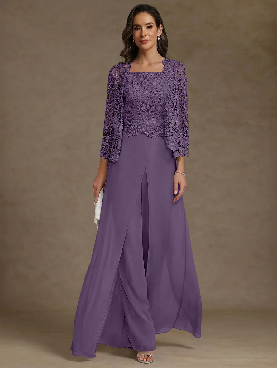 3 Pieces Square Collar Chiffon Mother of the Bride Pantsuits with Jacket Lace Ankle-Length with Overskirt Long Sleeves