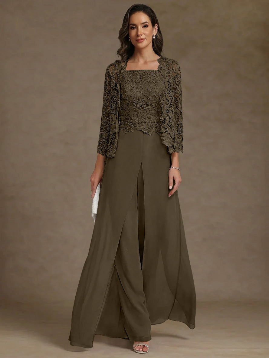3 Pieces Square Collar Chiffon Mother of the Bride Pantsuits with Jacket Lace Ankle-Length with Overskirt Long Sleeves