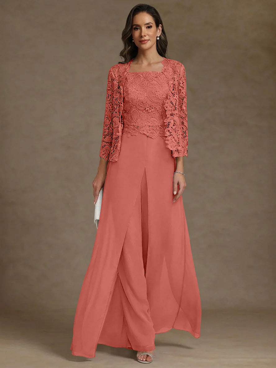 3 Pieces Square Collar Chiffon Mother of the Bride Pantsuits with Jacket Lace Ankle-Length with Overskirt Long Sleeves