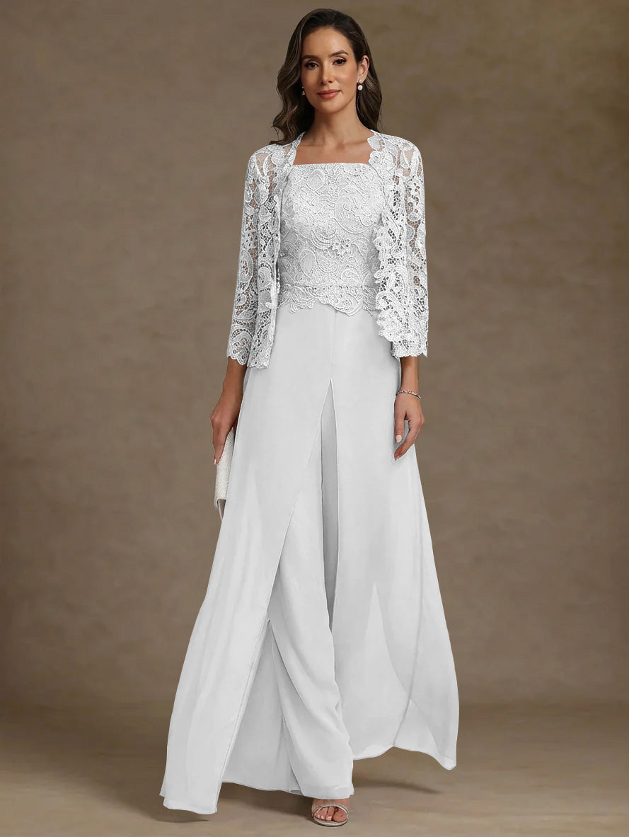 3 Pieces Square Collar Chiffon Mother of the Bride Pantsuits with Jacket Lace Ankle-Length with Overskirt Long Sleeves