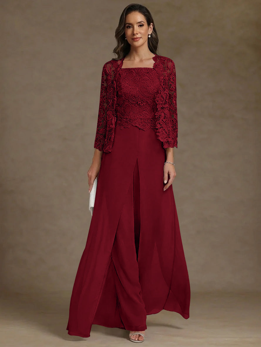 3 Pieces Square Collar Chiffon Mother of the Bride Pantsuits with Jacket Lace Ankle-Length with Overskirt Long Sleeves