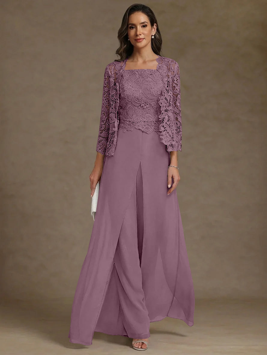 3 Pieces Square Collar Chiffon Mother of the Bride Pantsuits with Jacket Lace Ankle-Length with Overskirt Long Sleeves