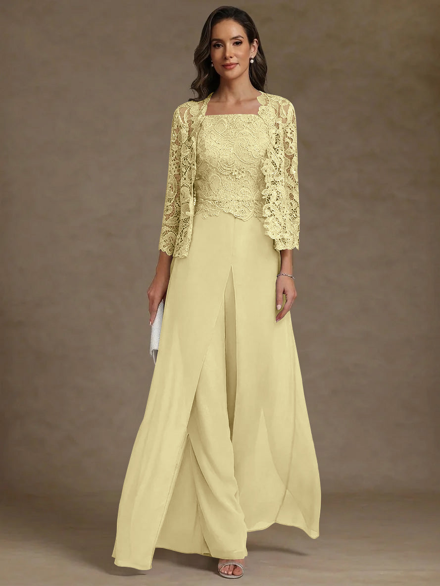 3 Pieces Square Collar Chiffon Mother of the Bride Pantsuits with Jacket Lace Ankle-Length with Overskirt Long Sleeves