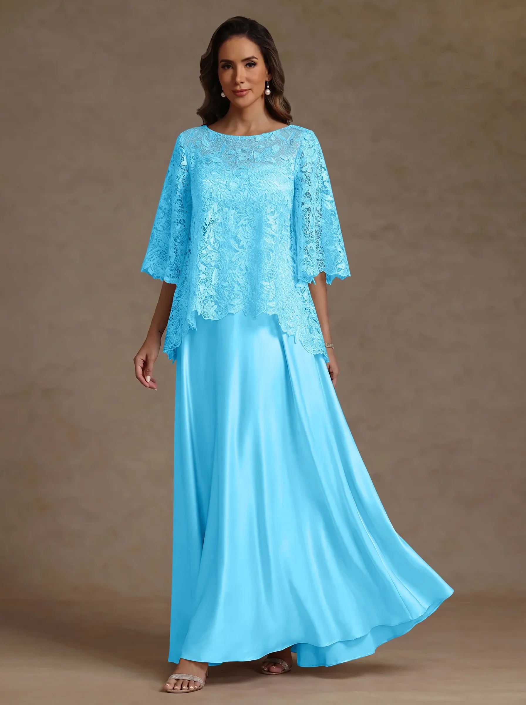 2 Pieces A-Line/Princess Silk Satin Scoop Mother ofthe Bride Dresses  Lace Floor Length Short Sleeves