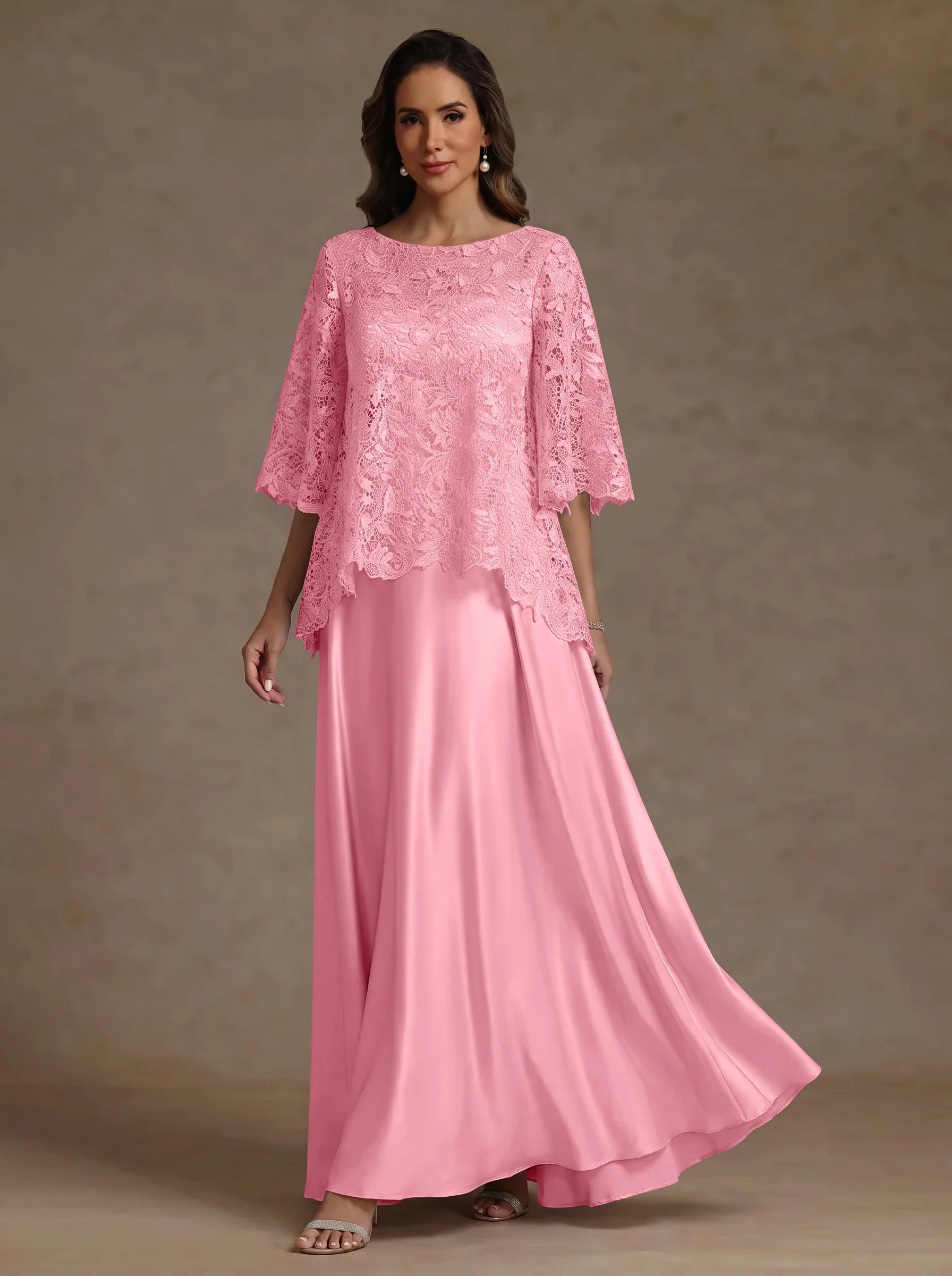 2 Pieces A-Line/Princess Silk Satin Scoop Mother ofthe Bride Dresses  Lace Floor Length Short Sleeves