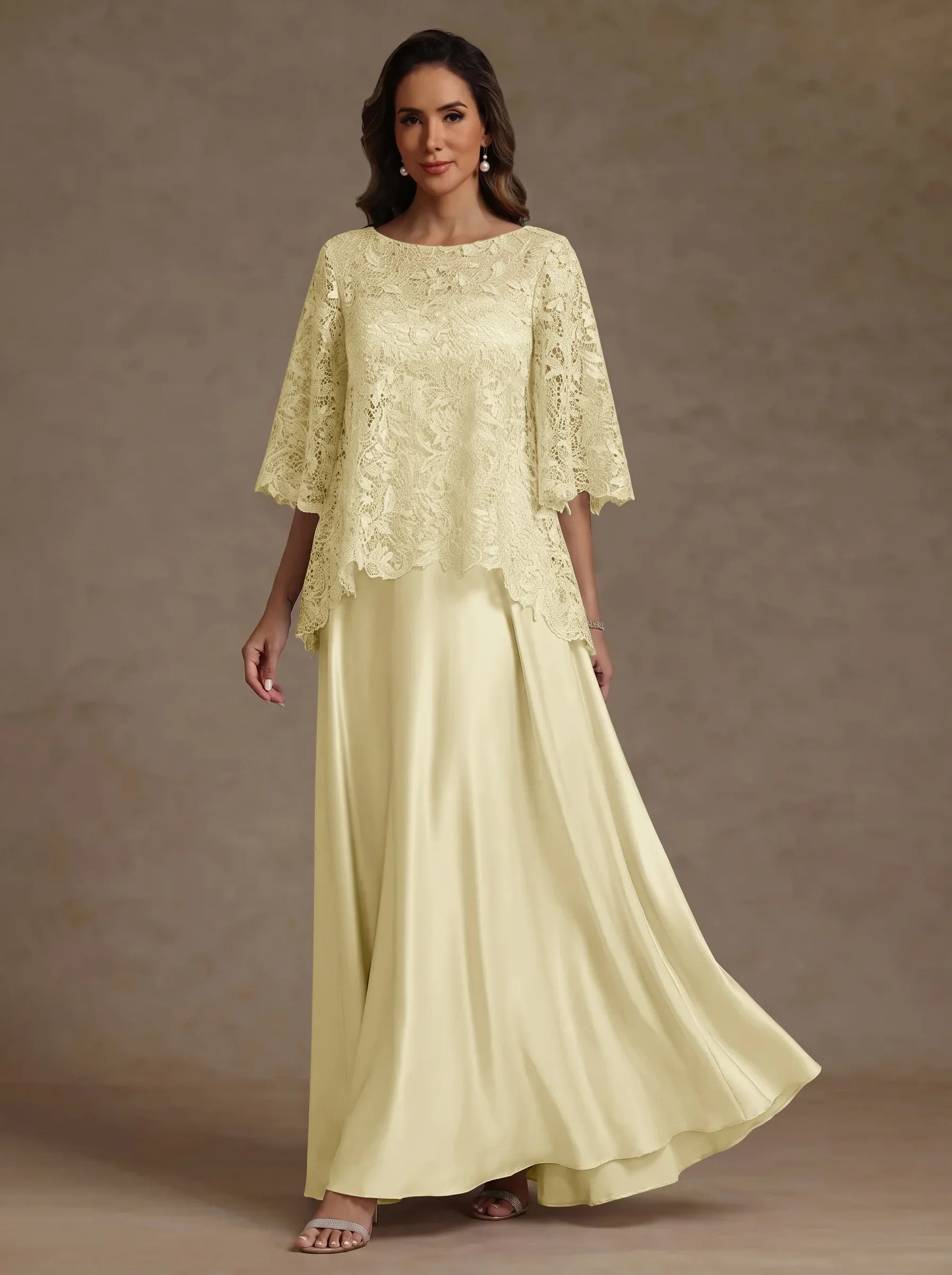 2 Pieces A-Line/Princess Silk Satin Scoop Mother ofthe Bride Dresses  Lace Floor Length Short Sleeves