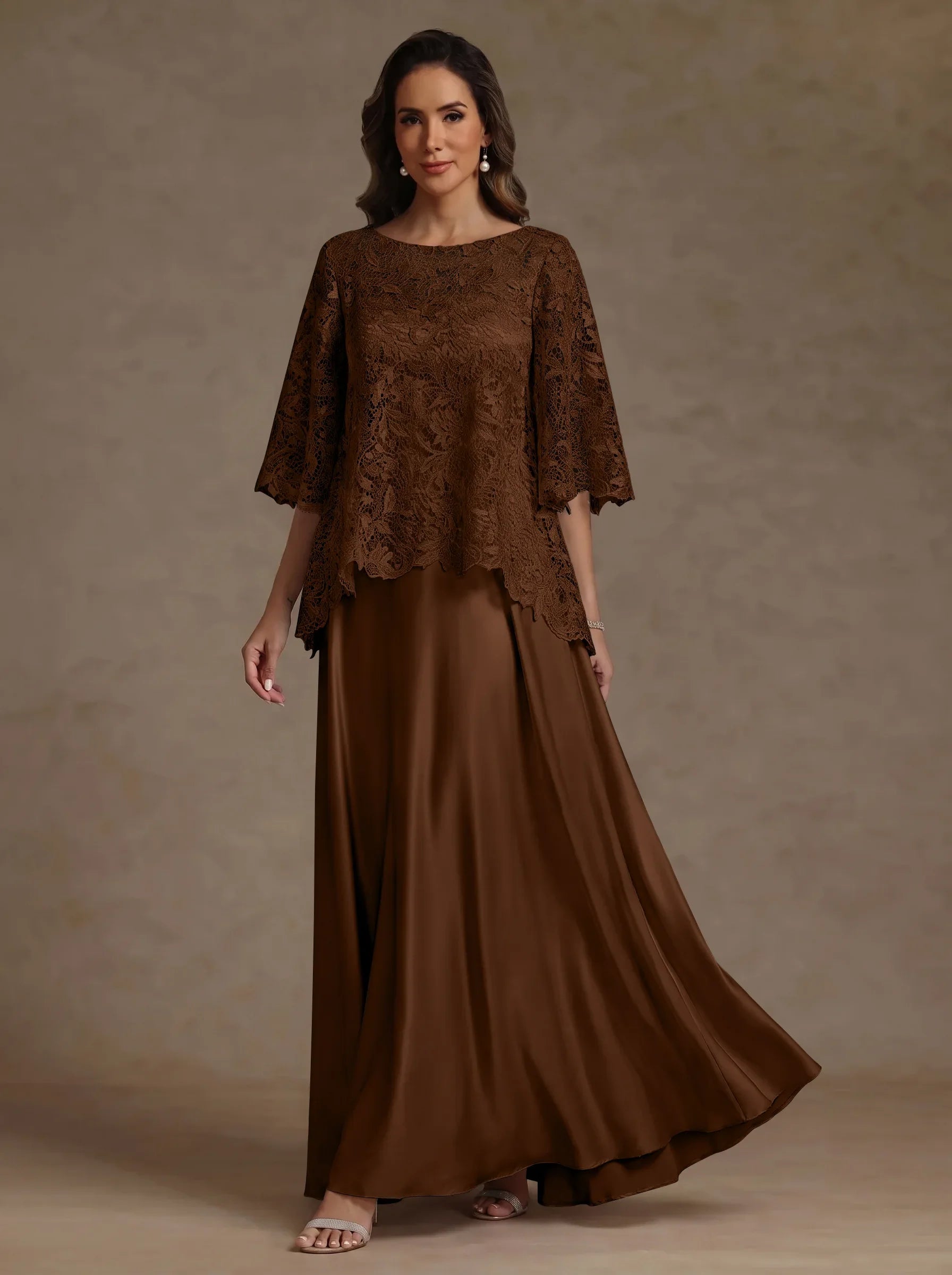 2 Pieces A-Line/Princess Silk Satin Scoop Mother ofthe Bride Dresses  Lace Floor Length Short Sleeves