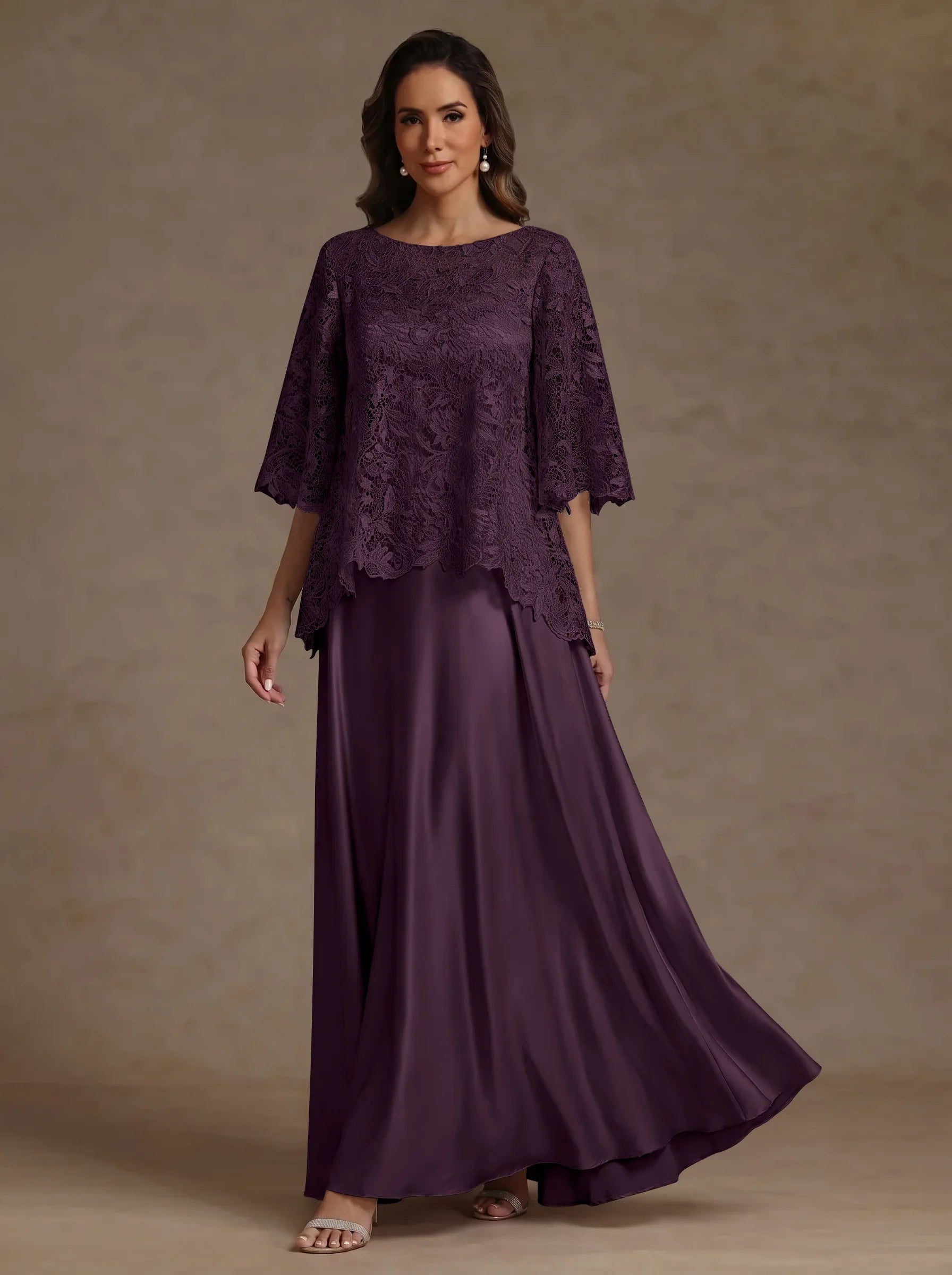 2 Pieces A-Line/Princess Silk Satin Scoop Mother ofthe Bride Dresses  Lace Floor Length Short Sleeves