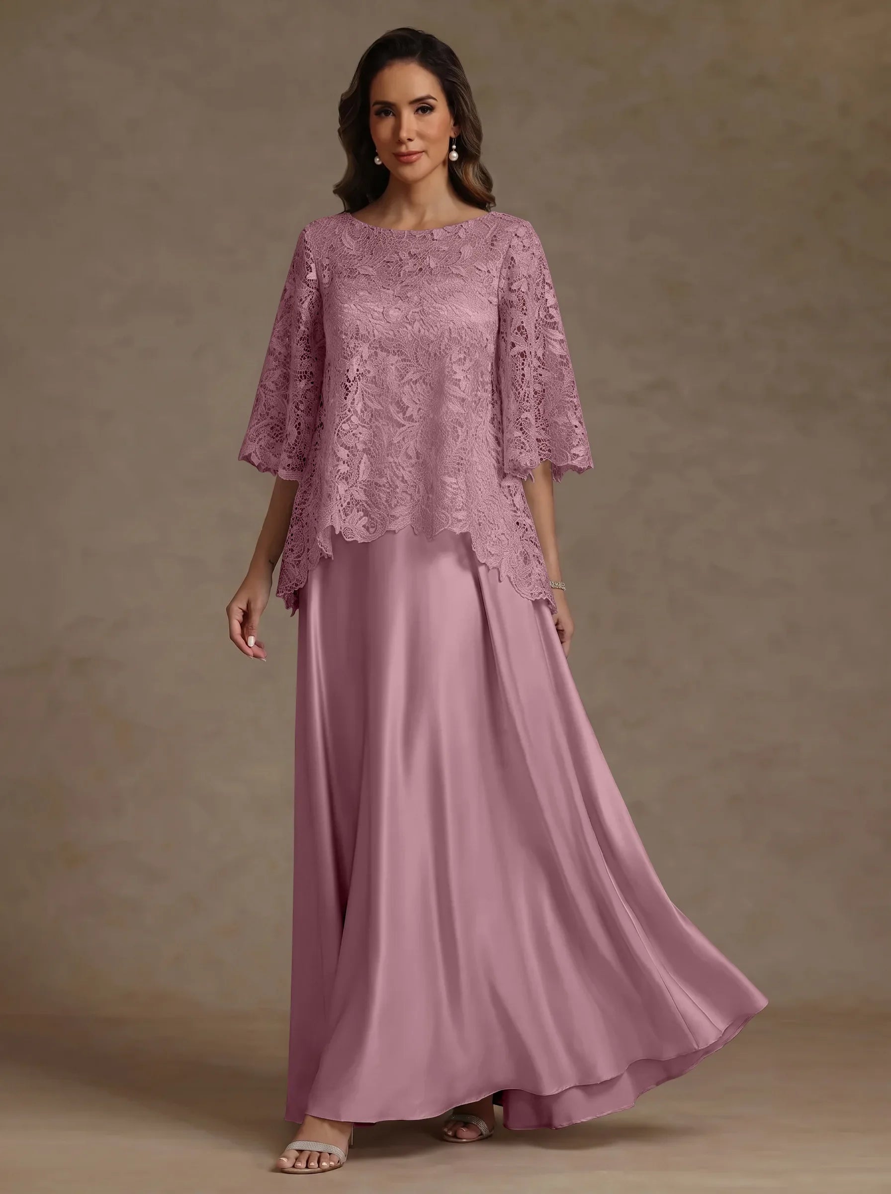 2 Pieces A-Line/Princess Silk Satin Scoop Mother ofthe Bride Dresses  Lace Floor Length Short Sleeves